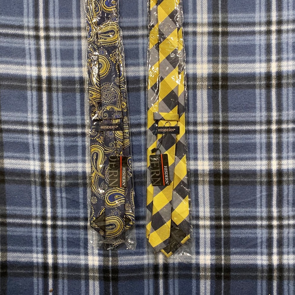 Hisdern Mens Tie Lot 2 Navy Blue Gold Paisley Yellow Plaid Check Neckties NWT - Picture 2 of 4